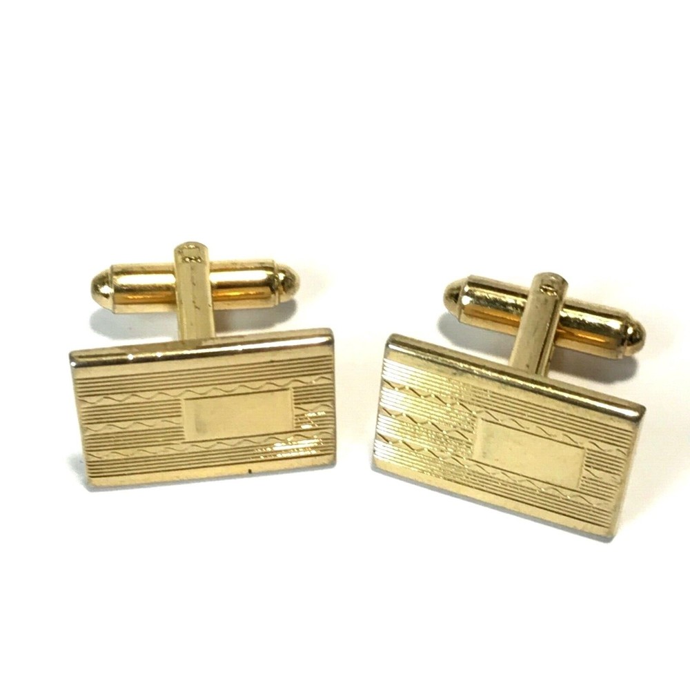 Vintage Shields Gold Tone Rectangular Striped Textured Cuff Links Men's Cufflink - Picture 3 of 5